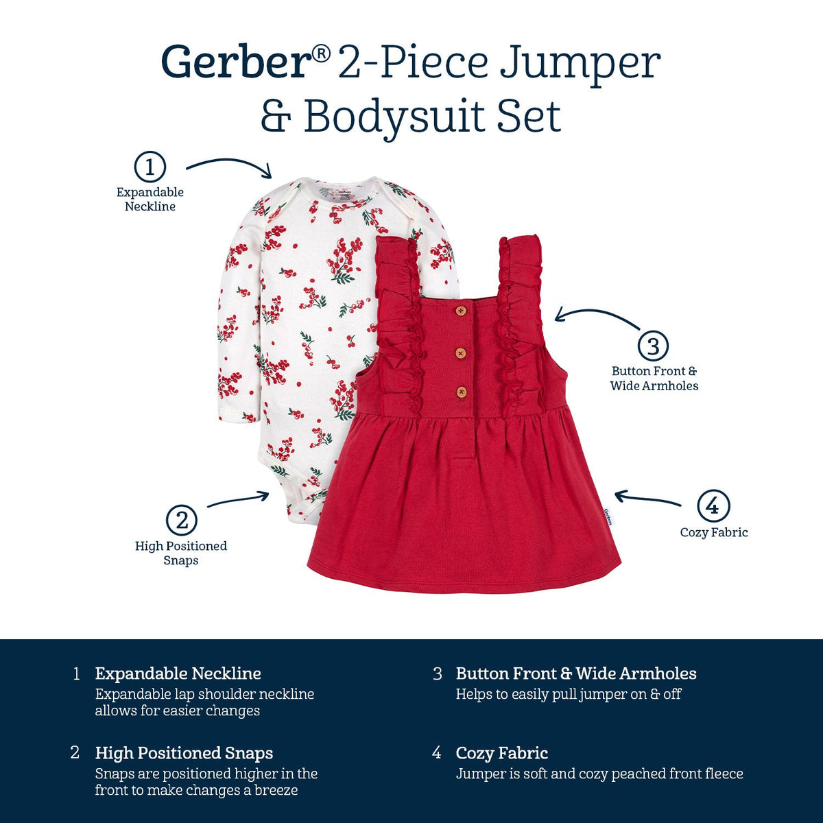 2-Piece Baby Girls Red Holly Berries Jumper & Bodysuit Set, view 6