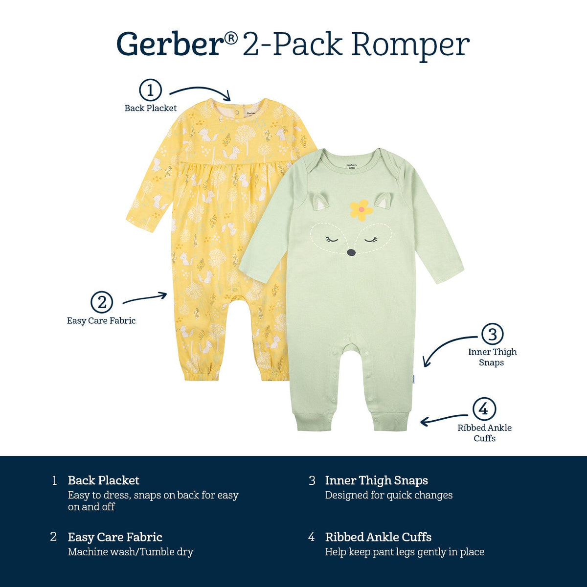 2-Pack Baby Girls Green Fox Rompers-Gerber Childrenswear Wholesale