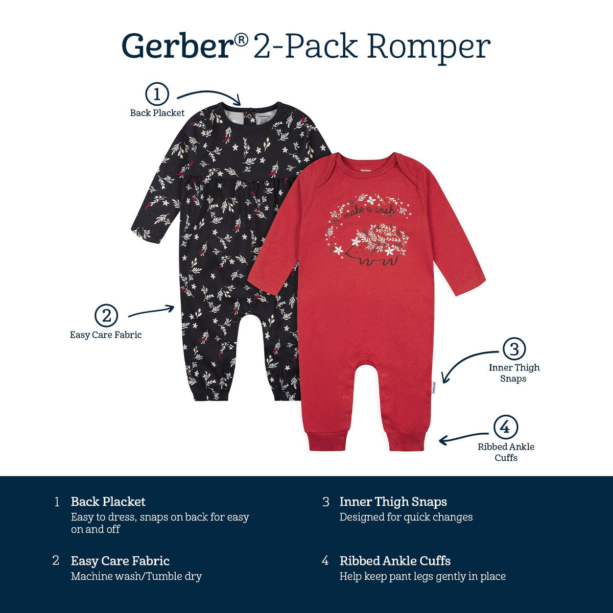 2-Pack Baby Girls Wish & Leaves Rompers-Gerber Childrenswear Wholesale