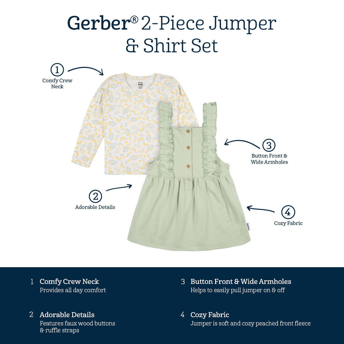 2-Piece Infant & Toddler Girls Green Floral Jumper & Top Set, view 6