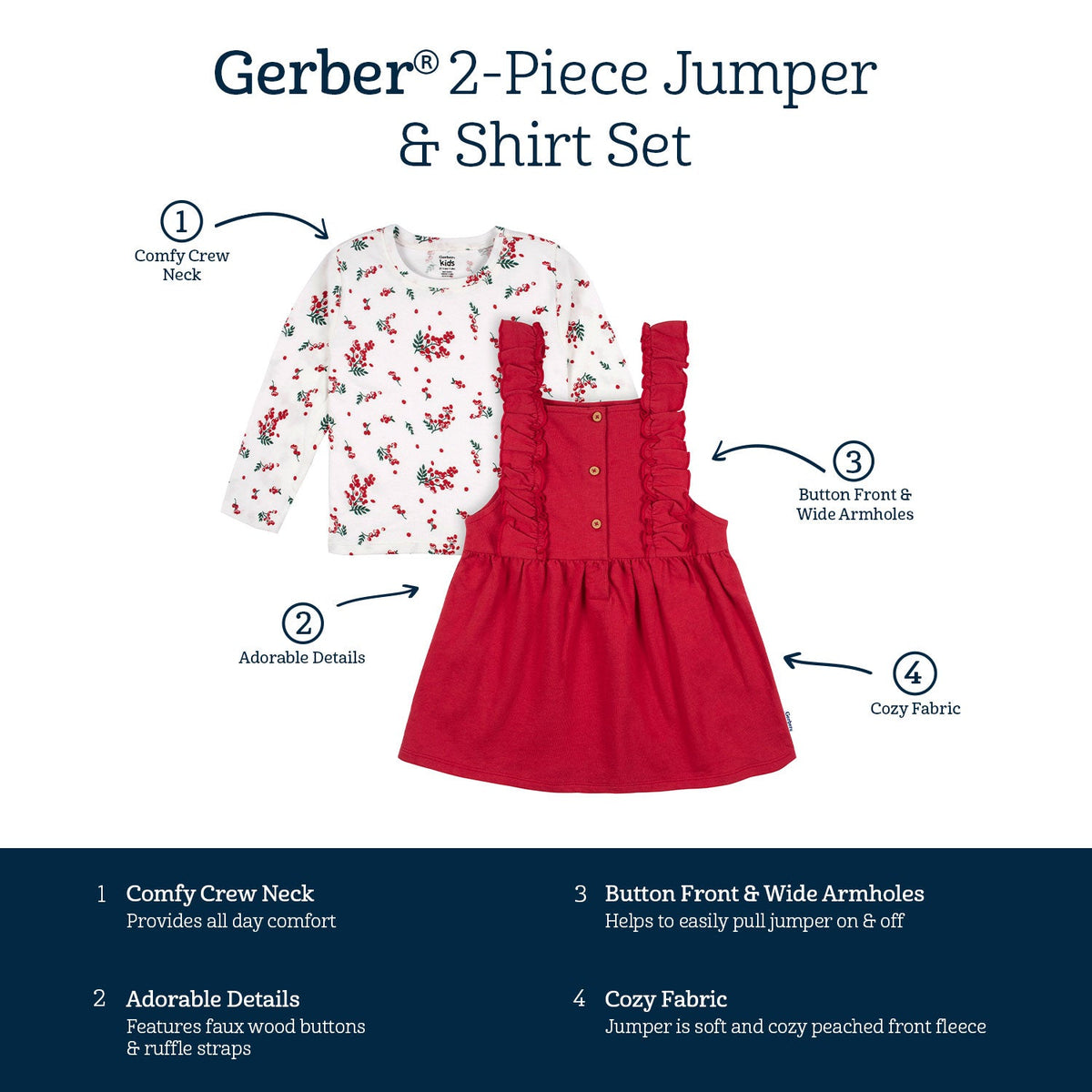 2-Piece Infant & Toddler Girls Red Holly Berries Jumper & Top Set, view 6