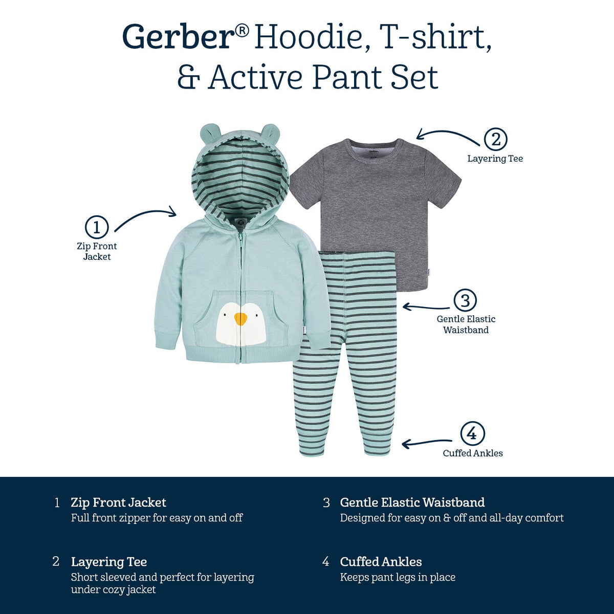 3-Piece Infant & Toddler Boys Penguin Hoodie, T-Shirt & Active Pant Set, view 8