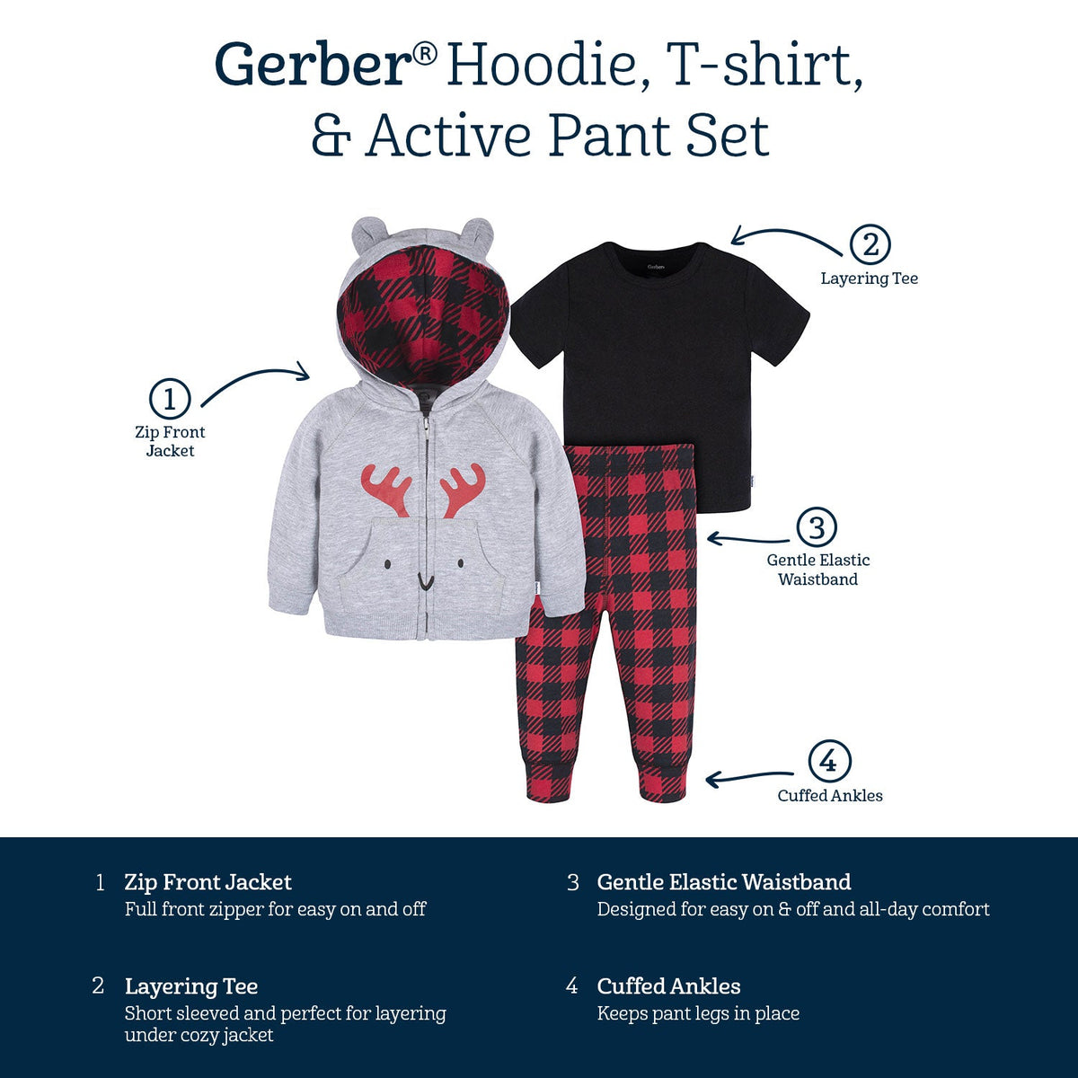 3-Piece Infant & Toddler Boys Moose Hoodie, T-Shirt & Active Pant Set, view 8