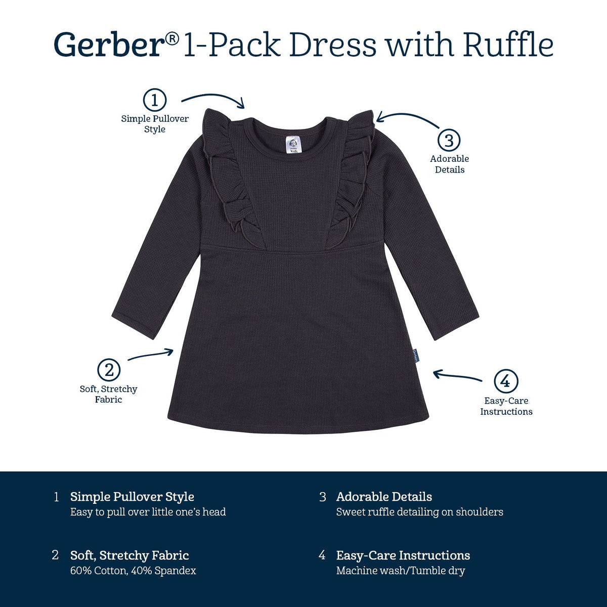 Infant and Toddler Girls Charcoal Dress With Ruffle, view 5