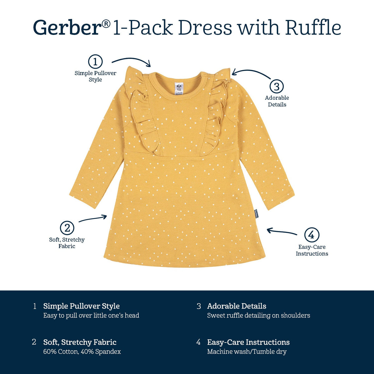 Infant and Toddler Girls Yellow Dots Dress With Ruffle, view 7
