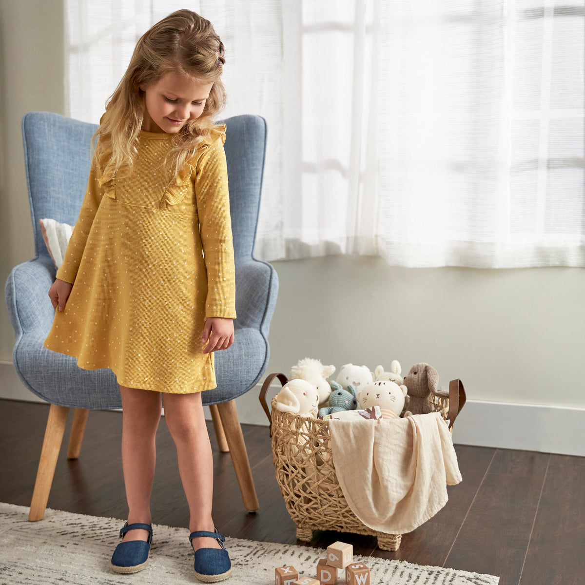 Infant and Toddler Girls Yellow Dots Dress With Ruffle, lifestyle photo 1