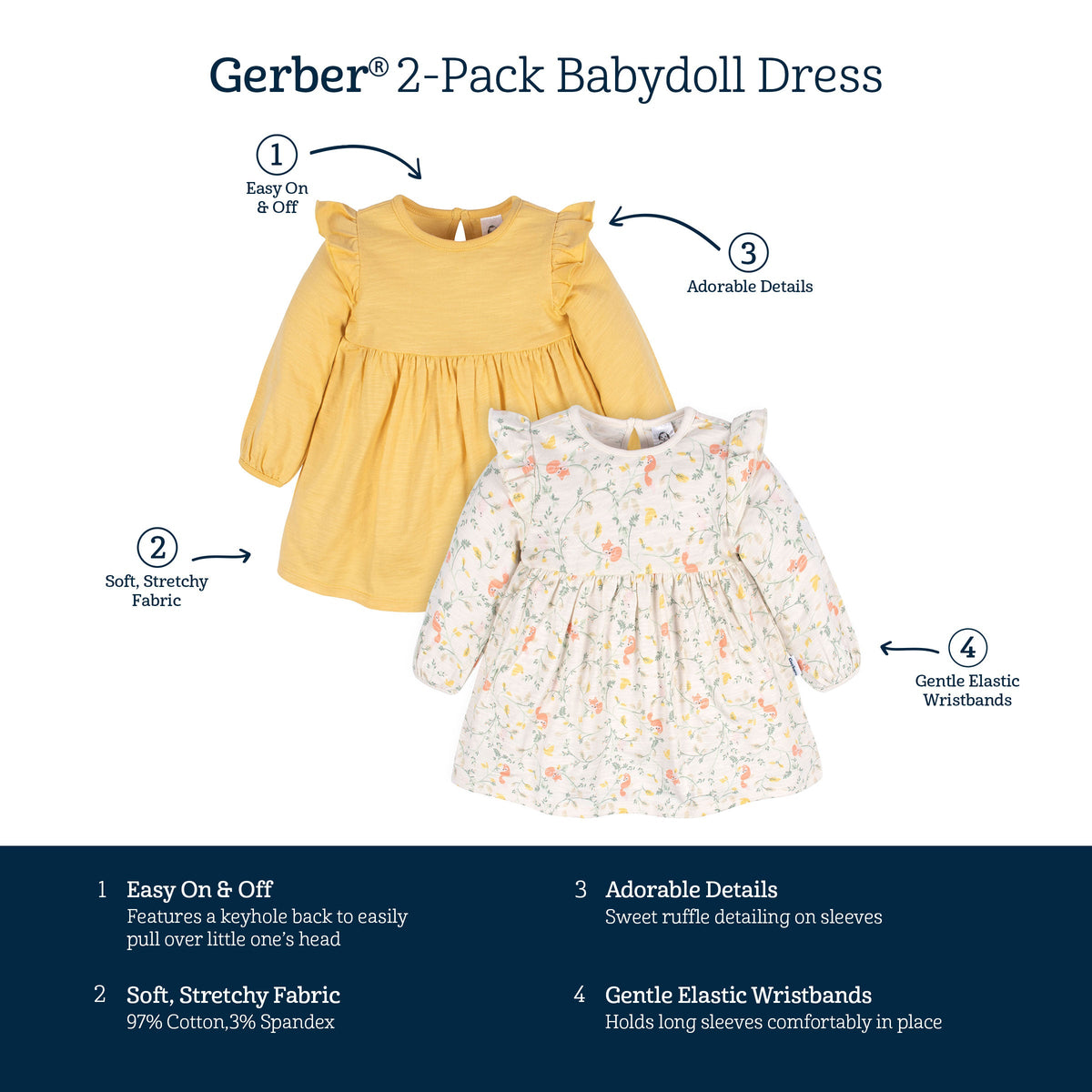 2-Pack Baby & Toddler Girls Ivory Fox Babydoll Dresses-Gerber Childrenswear Wholesale