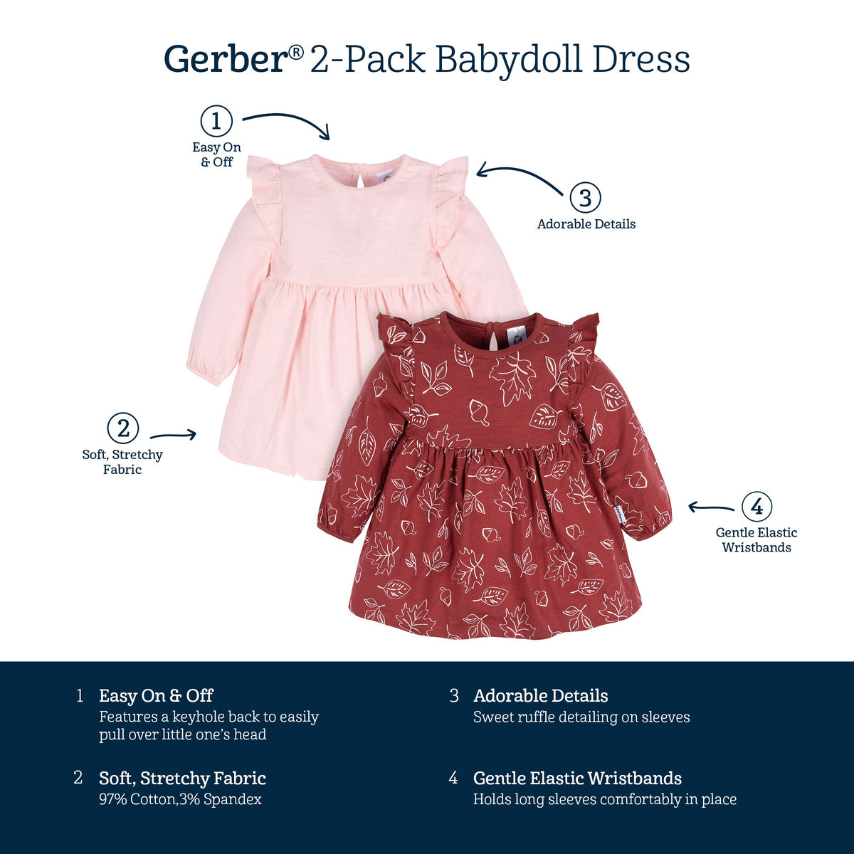 2-Pack Baby & Toddler Girls Leaves Babydoll Dresses-Gerber Childrenswear Wholesale