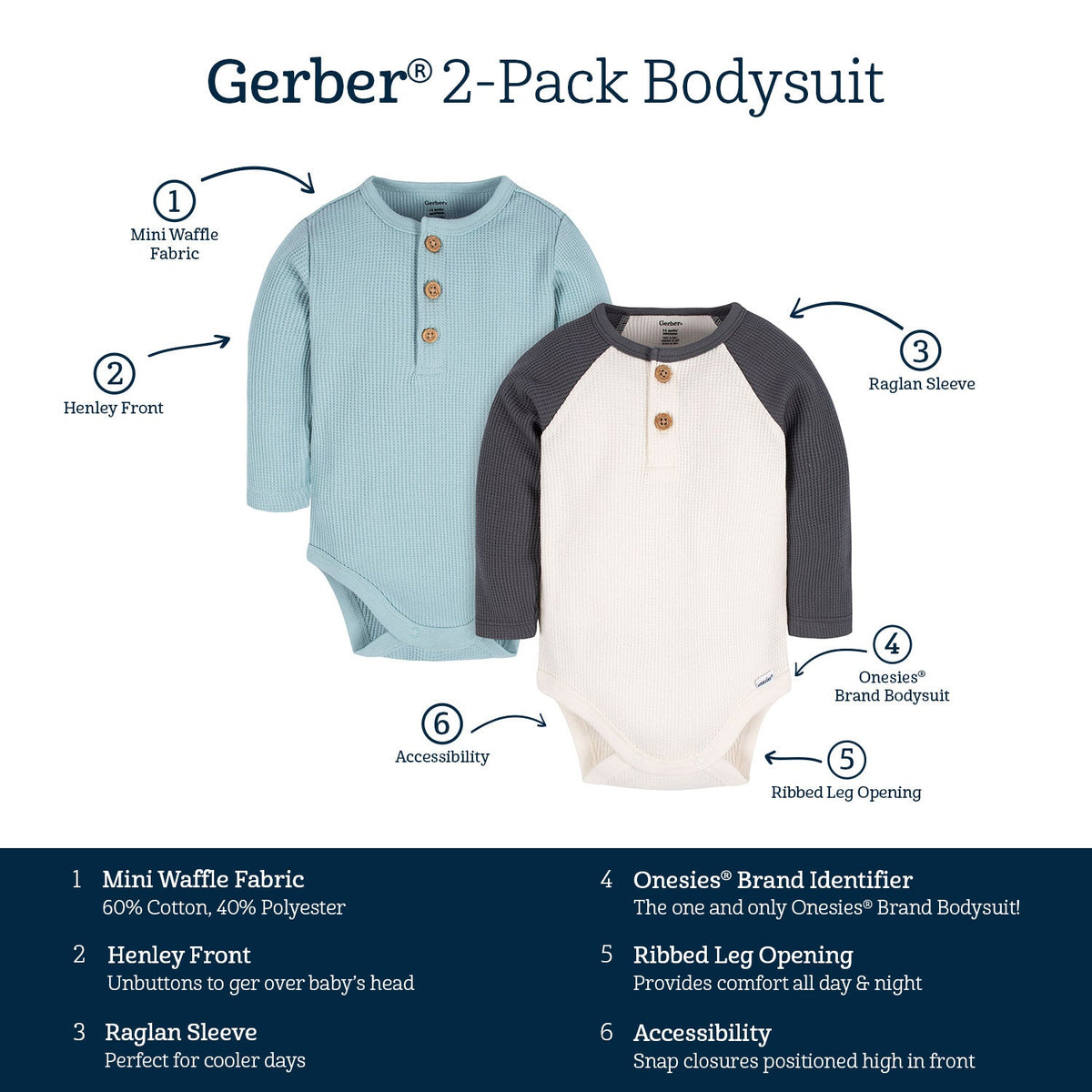 2-Pack Baby Boys Blue & Ivory Long Sleeve Henley Onesies Bodysuits, view 8