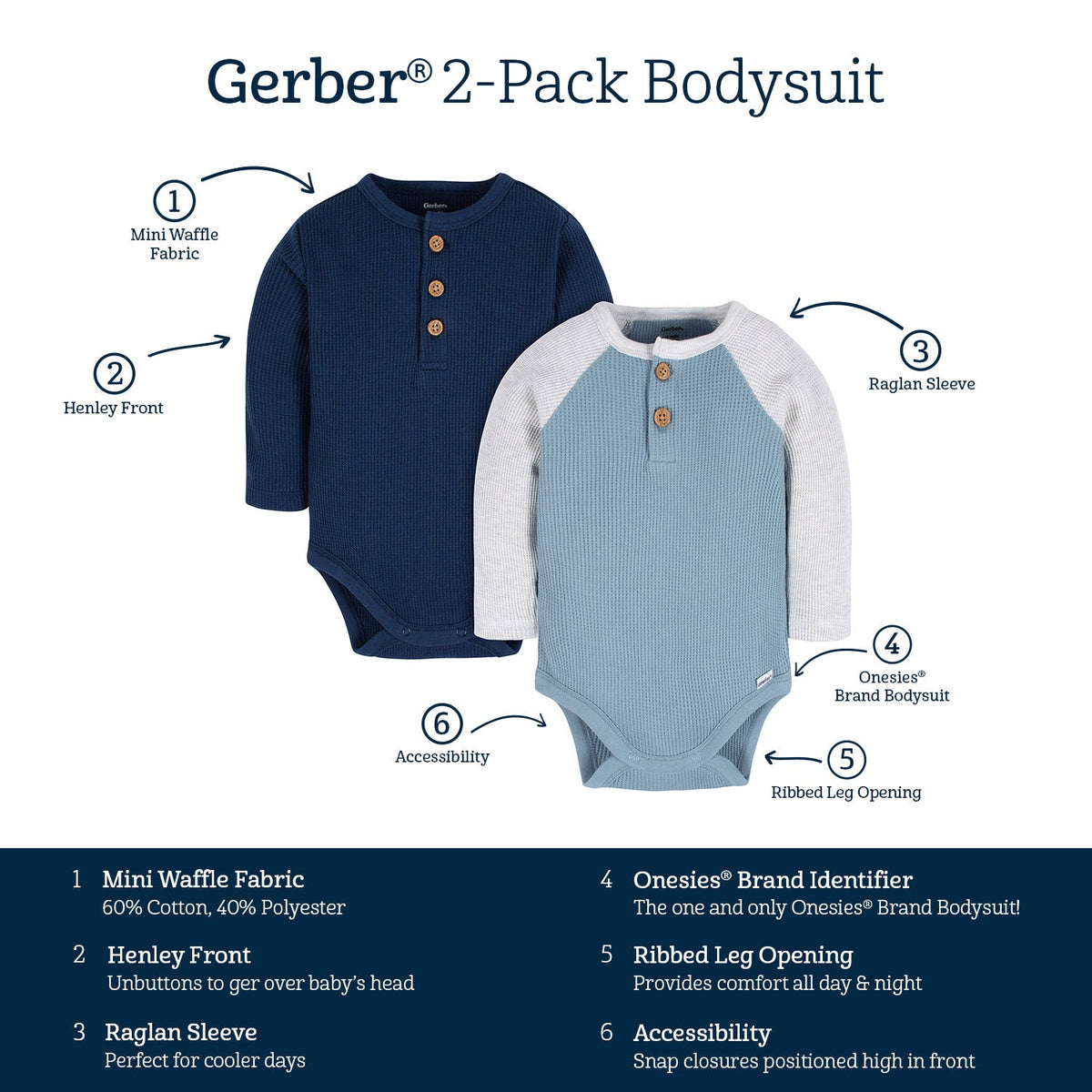 2-Pack Baby Boys Navy & Light Blue Long Sleeve Henley Onesies Bodysuits, view 8