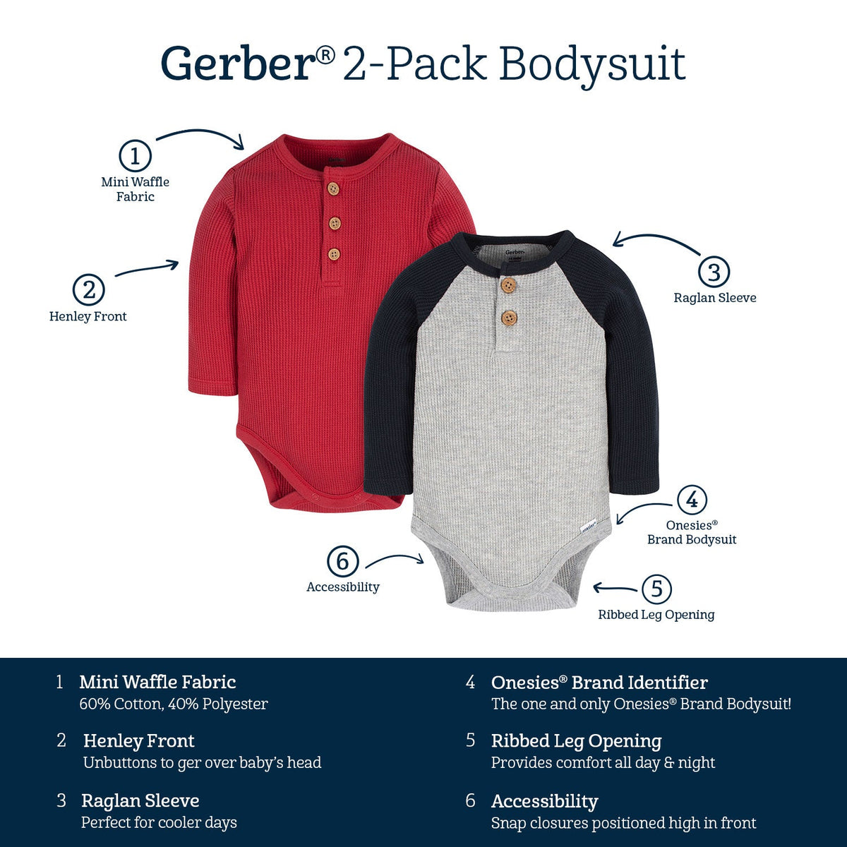 2-Pack Baby Boys Red & Heather Gray Long Sleeve Henley Onesies Bodysuits, view 9