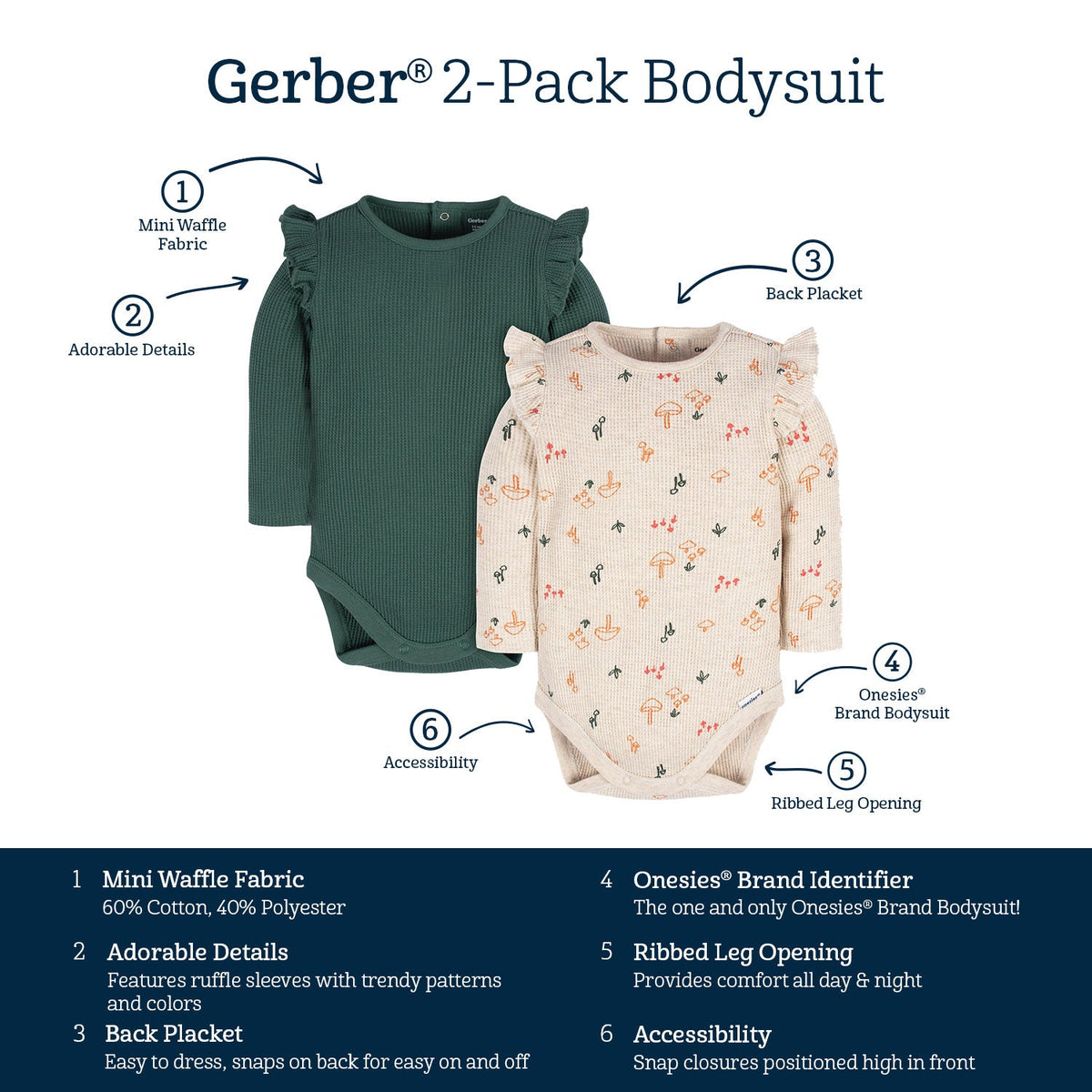 2-Pack Baby Girls Mushrooms Long Sleeve Onesies Bodysuits, view 7