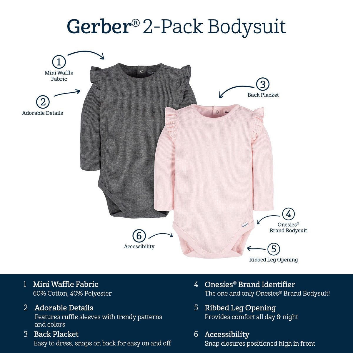 2-Pack Baby Girls Pink & Gray Long Sleeve Onesies Bodysuits, view 7