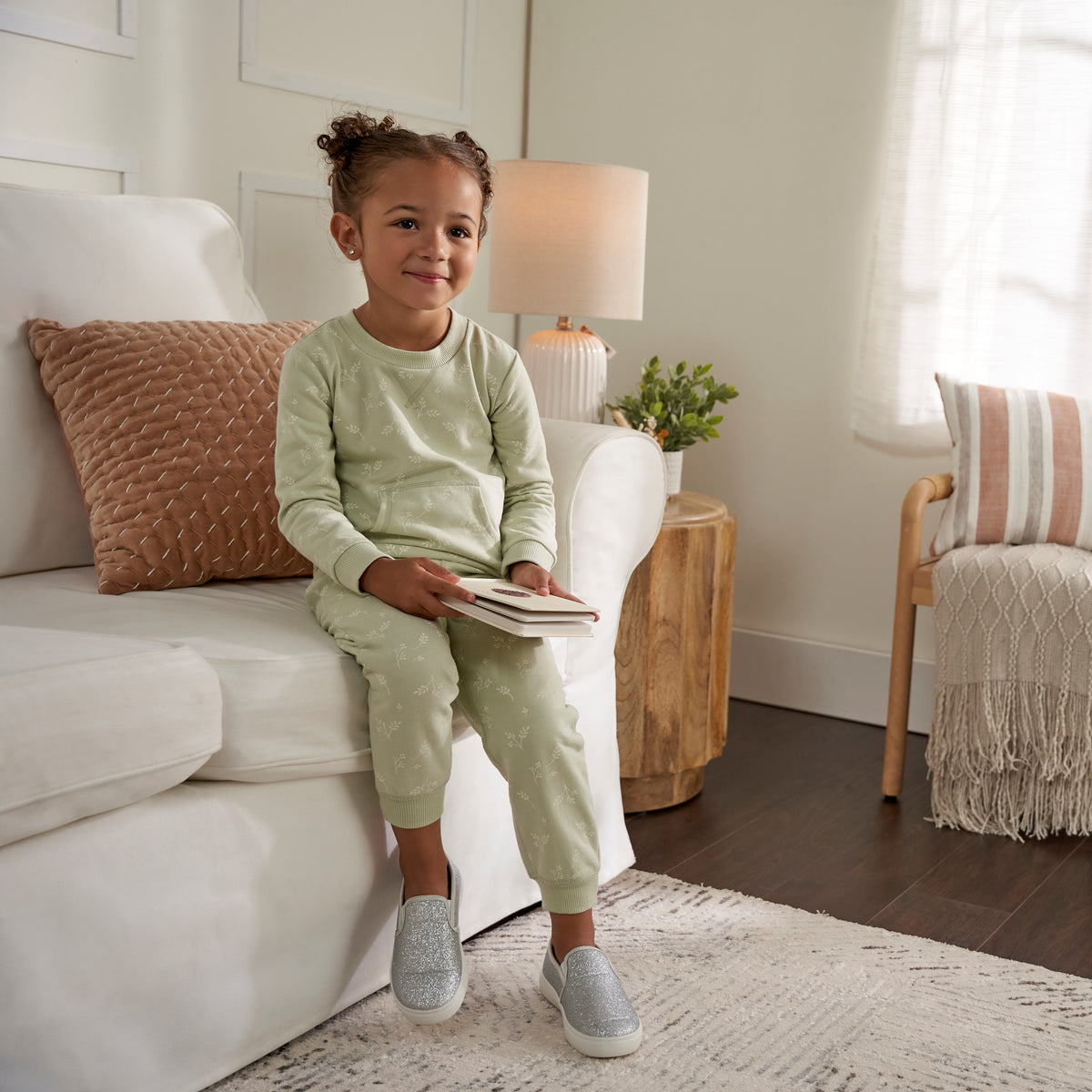 2-Piece Baby & Toddler Girls Green Leaves Sweatshirt & Pant Set, lifestyle photo 3