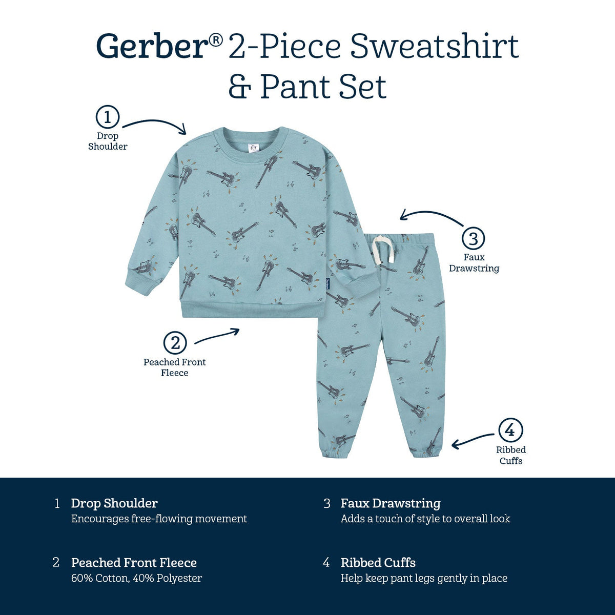 2-Piece Infant and Toddler Boys Teal Guitars Sweatshirt & Pant Set, view 5