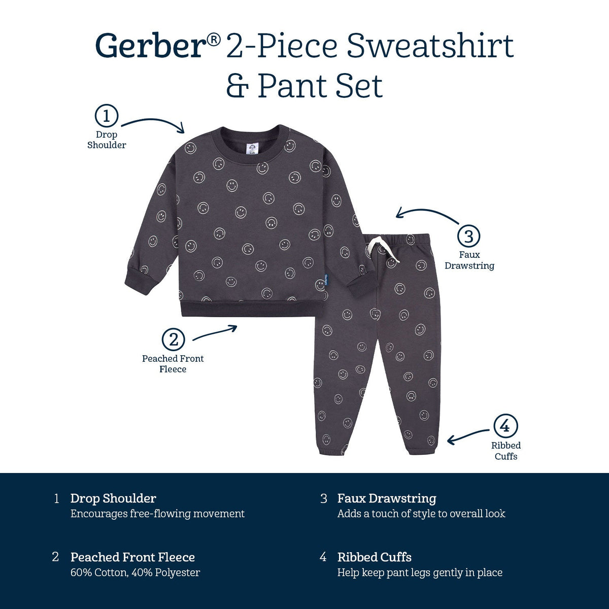 2-Piece Infant and Toddler Boys Charcoal Smiley Sweatshirt & Pant Set, view 5