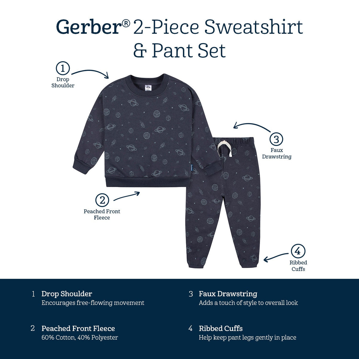 2-Piece Infant and Toddler Boys Navy Space Sweatshirt & Pant Set, view 7