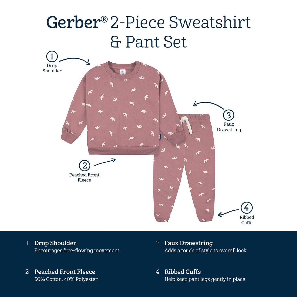 2-Piece Infant and Toddler Girls Birds Sweatshirt & Pant Set, view 5