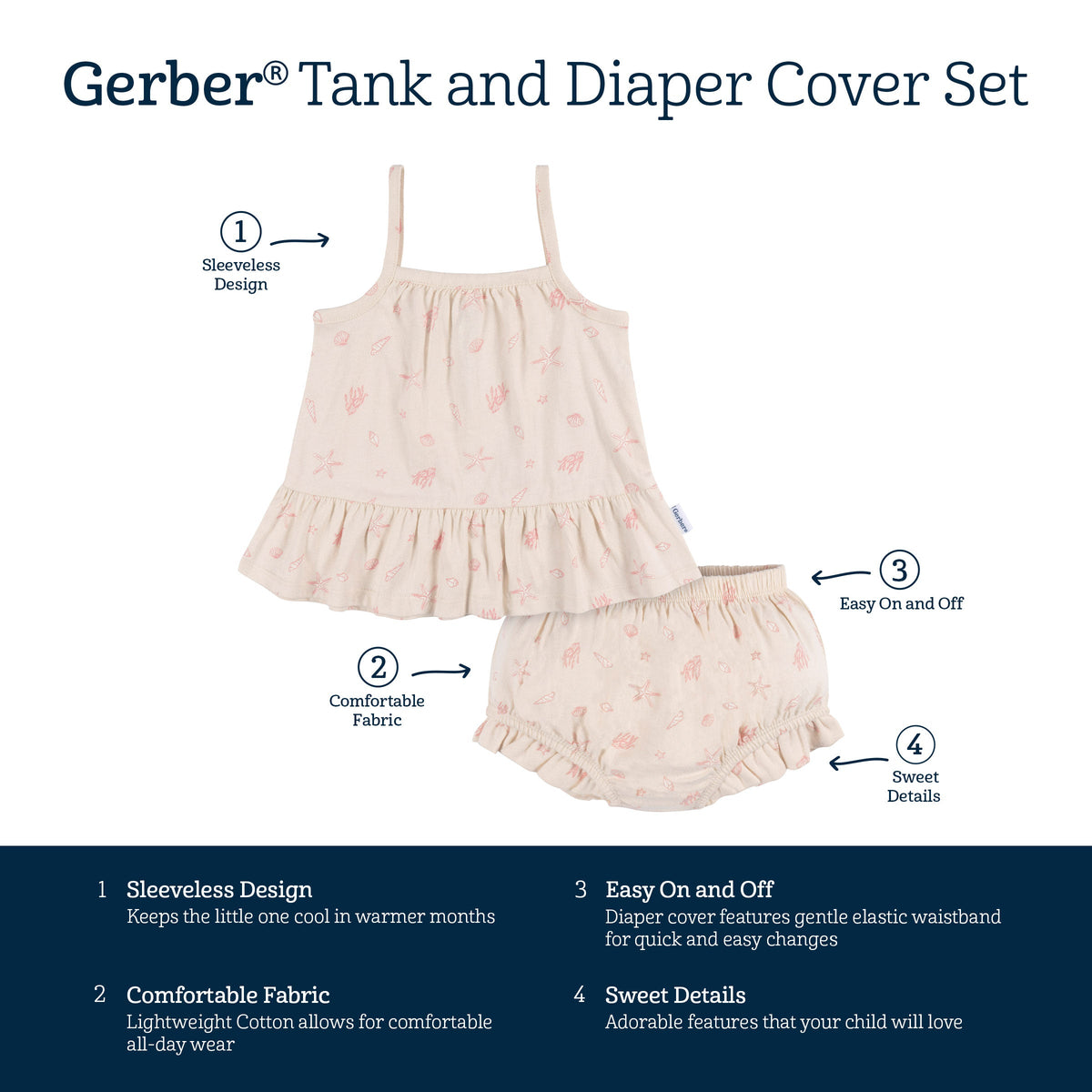 2-Piece Baby Girls Seashells Tank and Diaper Cover, view 5