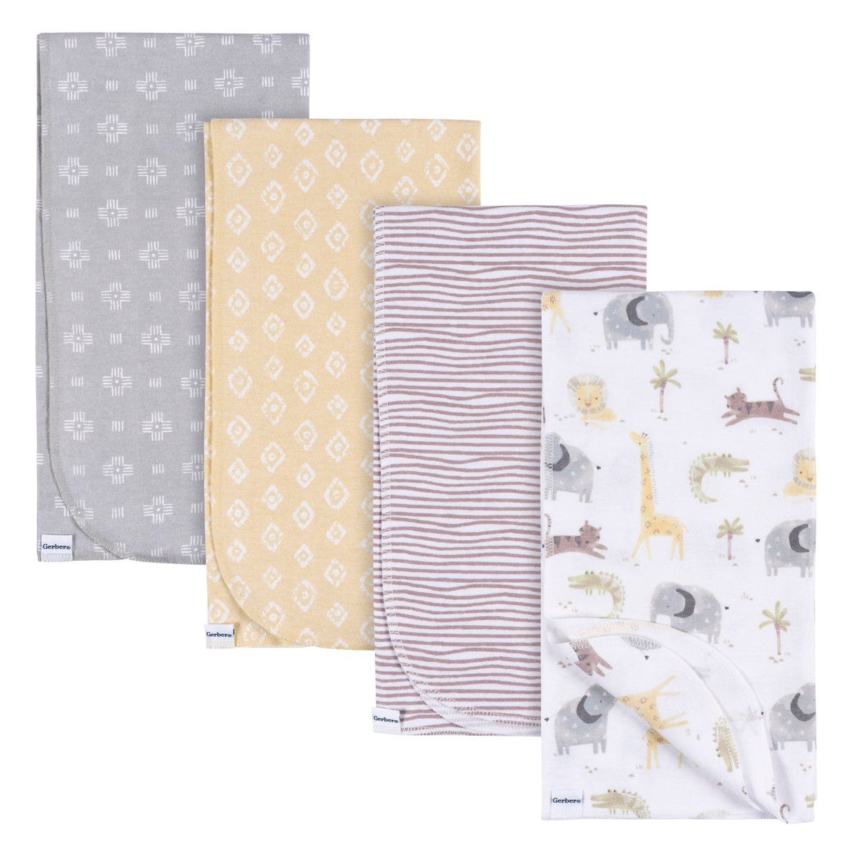 4-Pack Baby Neutral Animals & Geos Neutral Flannel Blankets