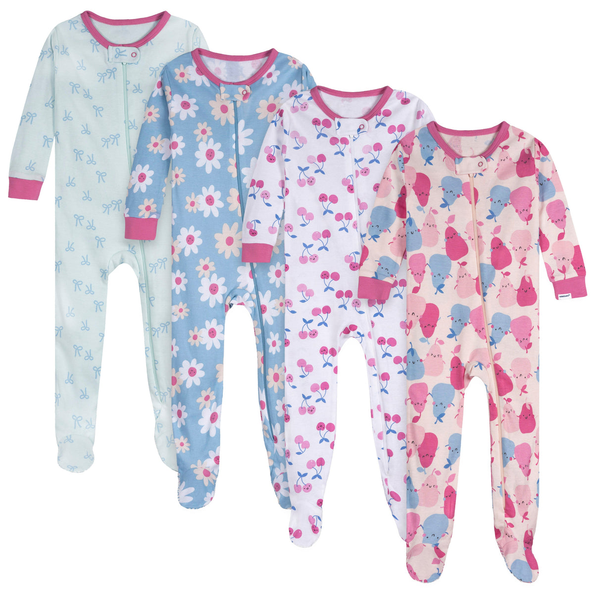 4-Pack Baby Girls Pears Footed Pajamas
