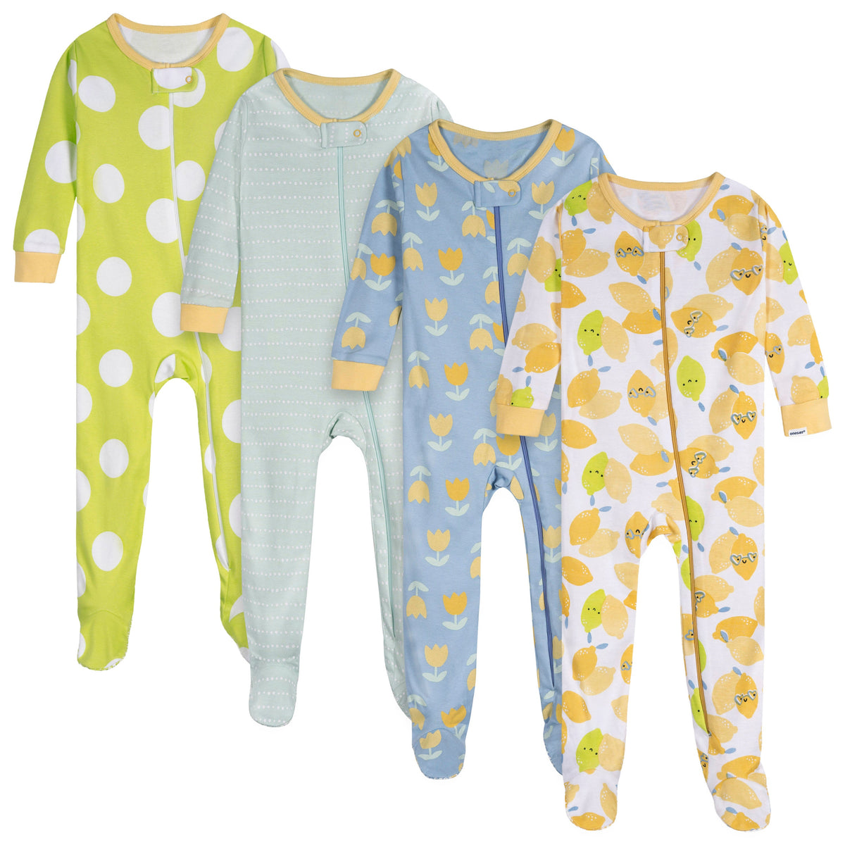 4-Pack Baby Girls Lemons Footed Pajamas