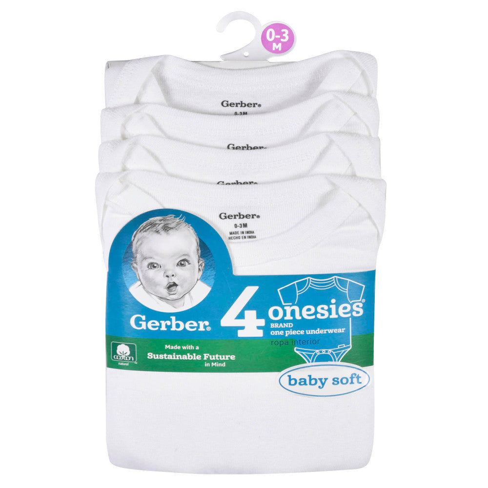 4-Pack Baby Neutral White Short Sleeve Onesies Bodysuits, close-up detail 2