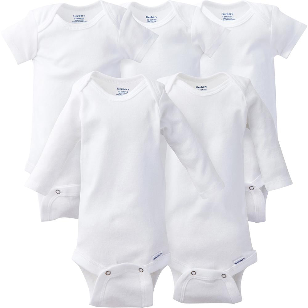 5-Piece White Assorted Long & Short-Sleeve Onesies Brand Bodysuits