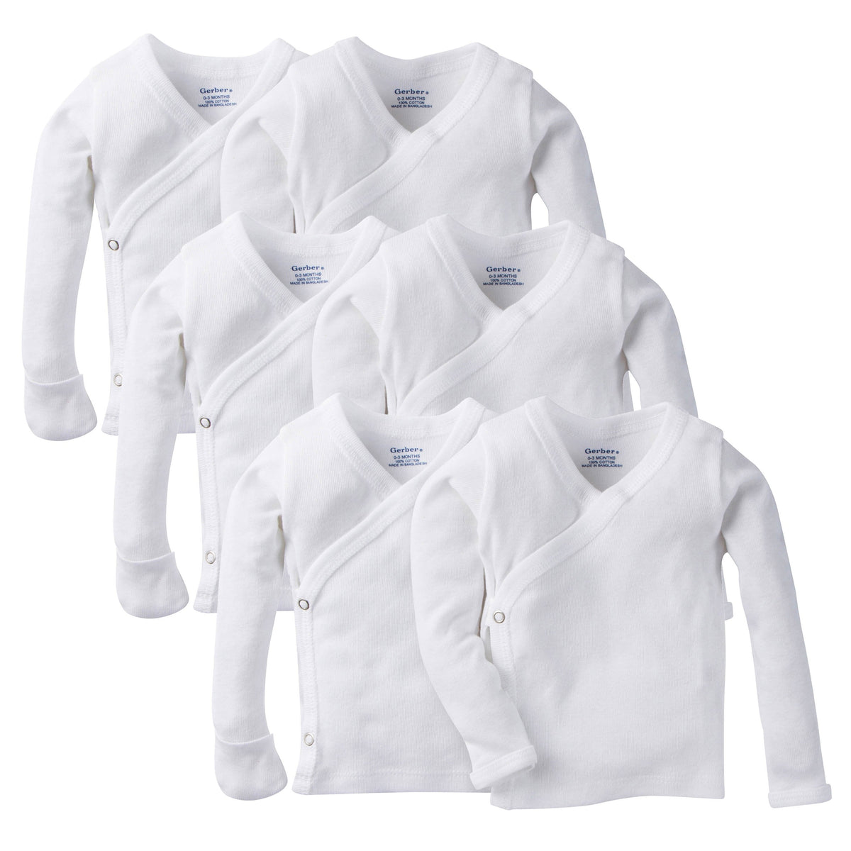 6-Pack White Long-Sleeve Side-Snap Mitten-Cuff Shirts