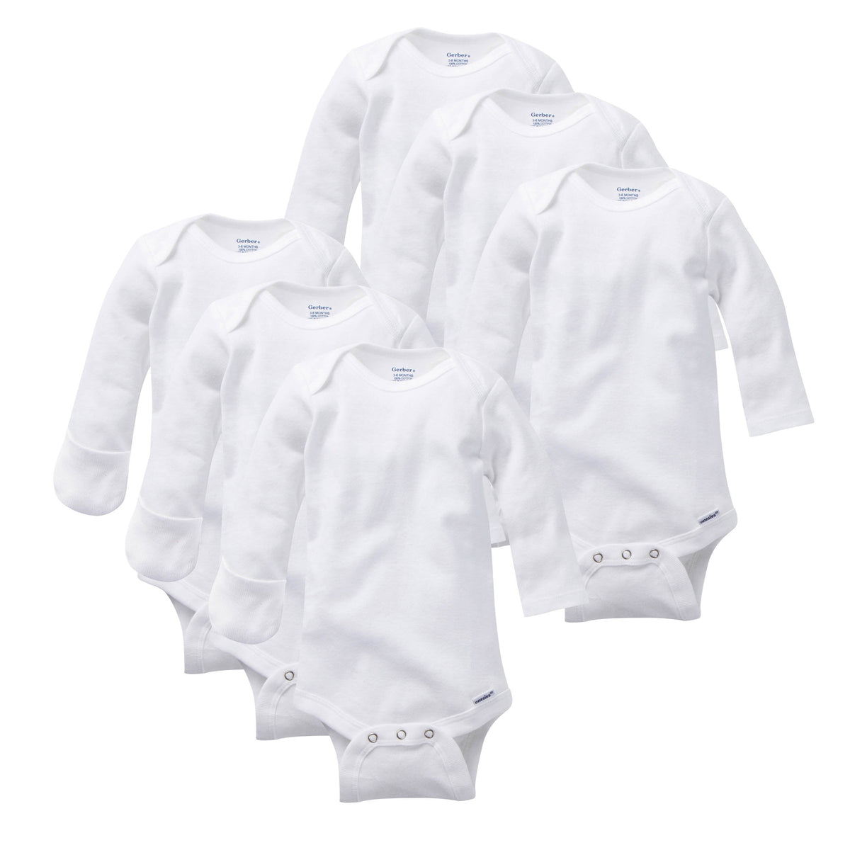 6-Pack White Long-Sleeve Onesies Bodysuits with Mitten-Cuffs