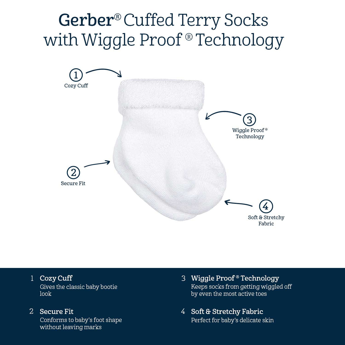 Gerber cuffed terry socks with Wiggle Proof technology. Cozy cuff gives the classic baby bootie look. Secure fit conforms to the foot without leaving marks. Wiggle Proof technology keeps socks from being wiggled off. Soft and stretchy fabric.