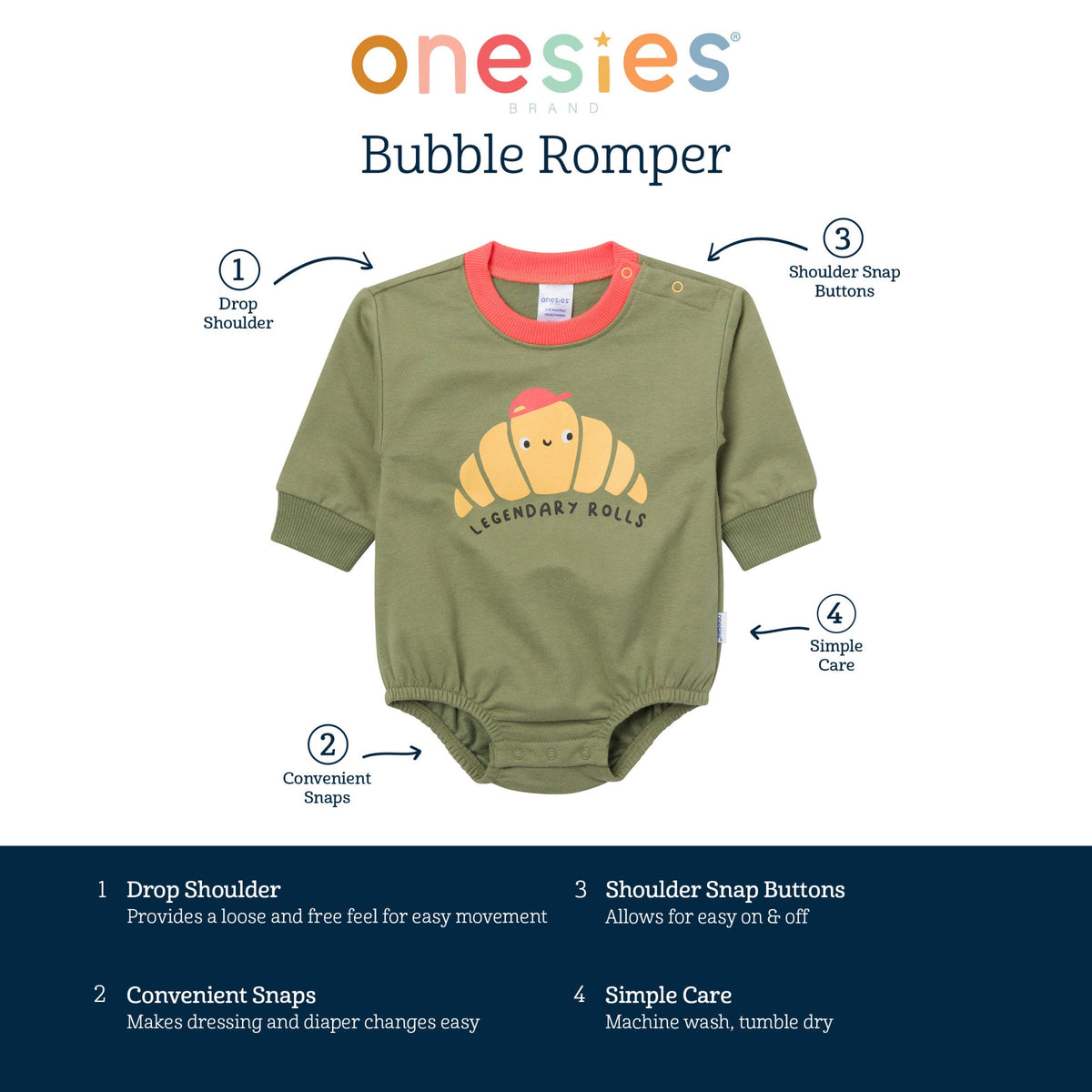 Baby Boys Rolls Sweatshirt Bubble Romper, view 10