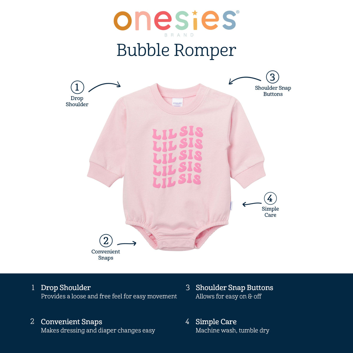 Baby Girls Lil Sis Sweatshirt Bubble Romper, view 9