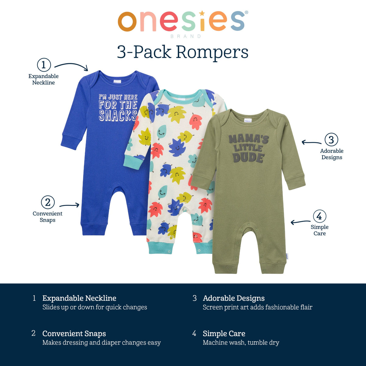 3-Pack Baby Boys Little Dude Lap Shoulder Footless Pajamas, view 8