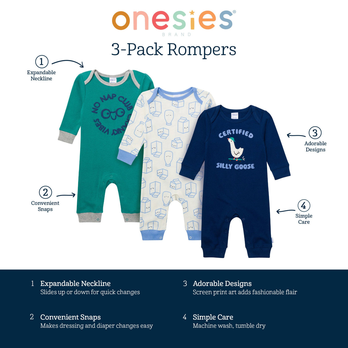3-Pack Baby Boys Silly Goose Lap Shoulder Footless Pajamas, view 13