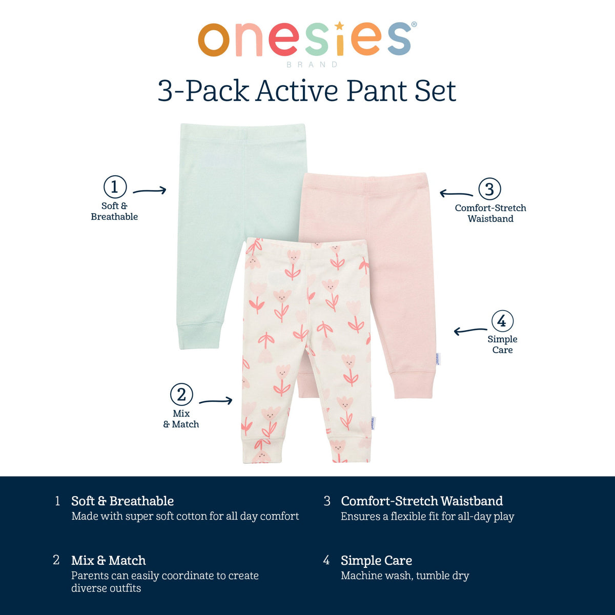 3-Pack Baby Girls Flowers Active Pants, view 7
