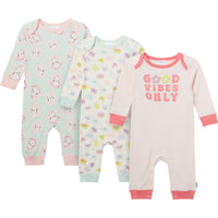 3-Pack Baby Girls Good Vibes Lap Shoulder Footless Pajamas