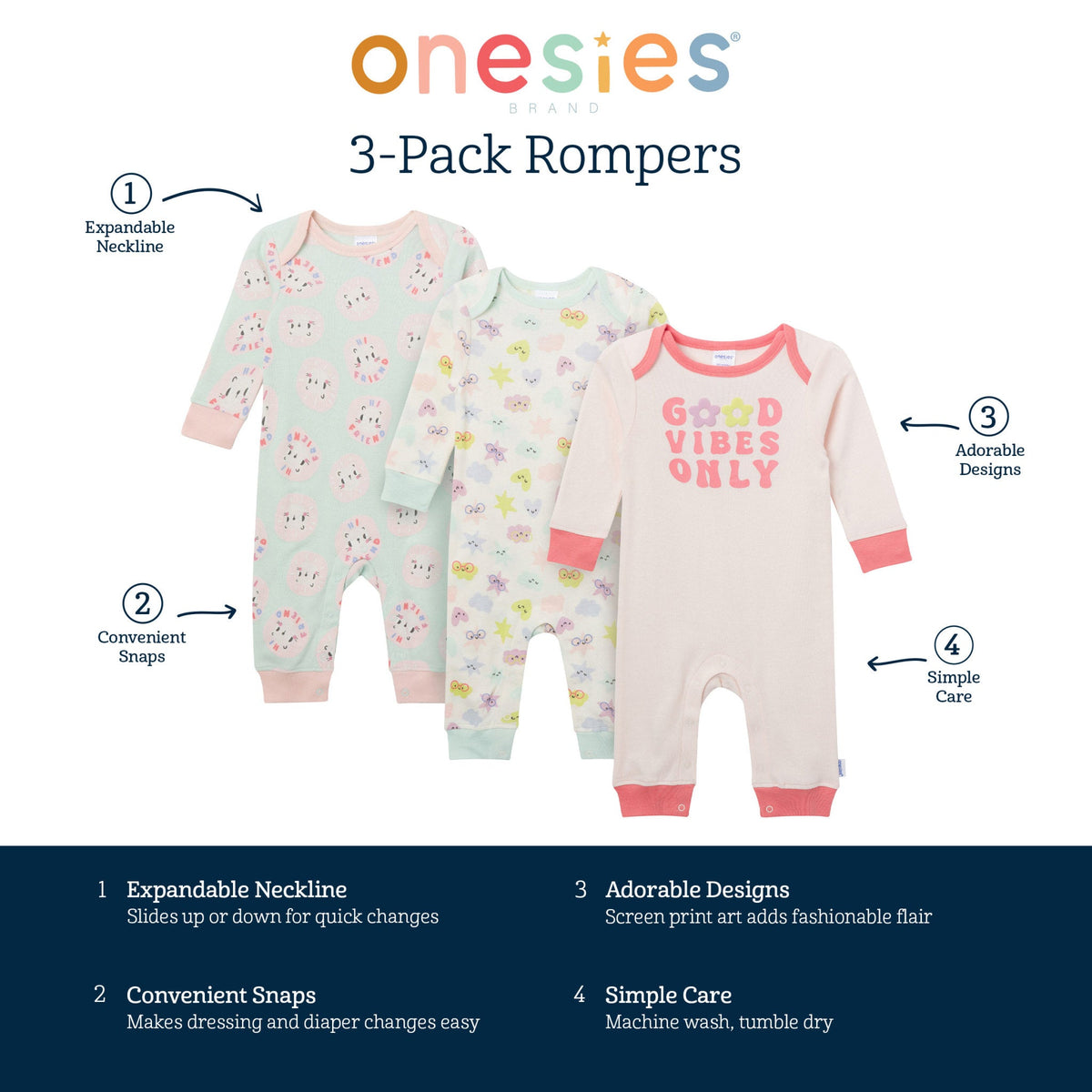 3-Pack Baby Girls Good Vibes Lap Shoulder Footless Pajamas, view 7