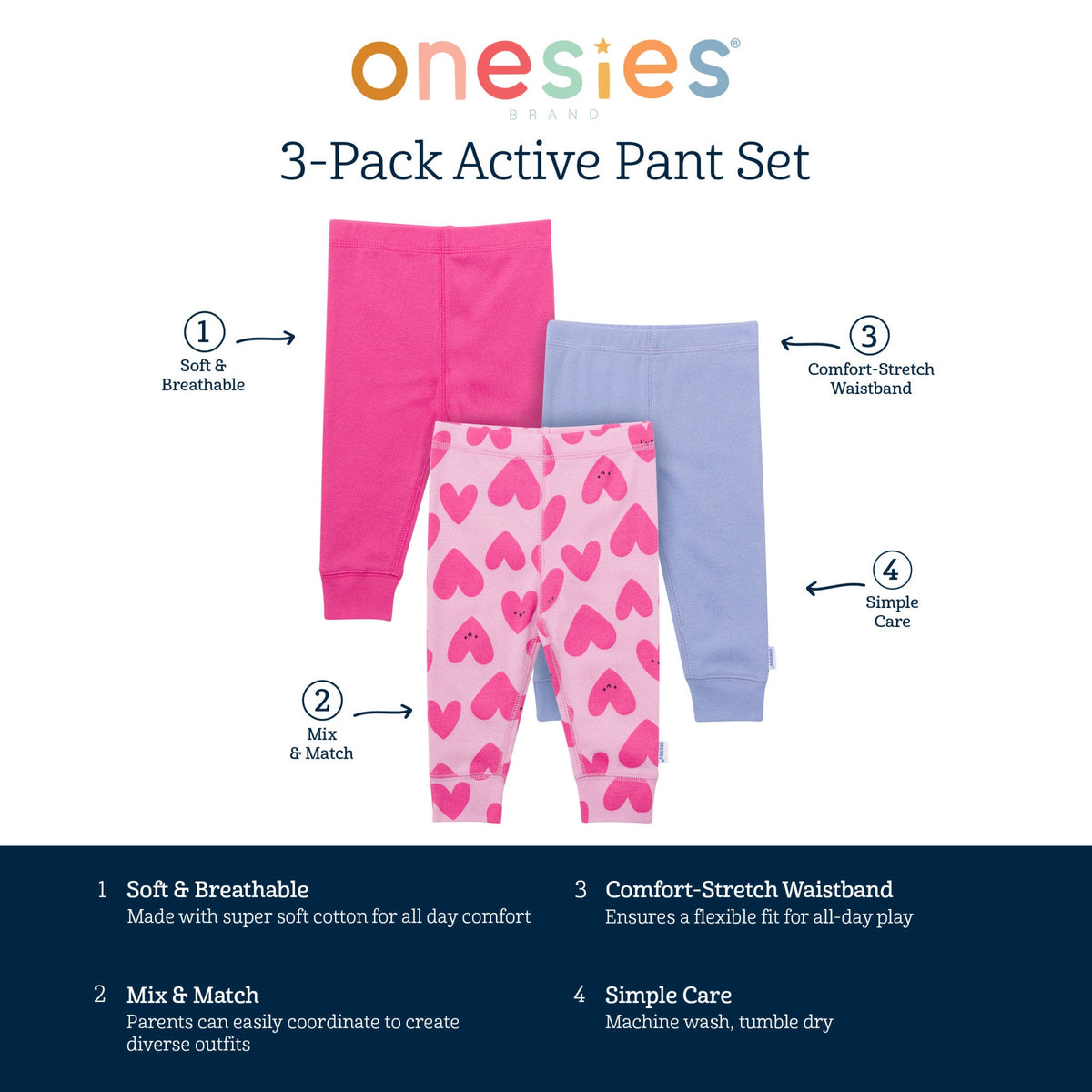 3-Pack Baby Girls Hearts Active Pants, view 7