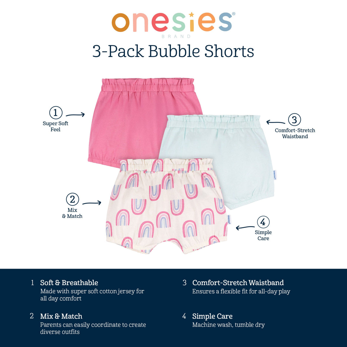 3-Pack Baby Girls Rainbow Bubble Shorts, view 7