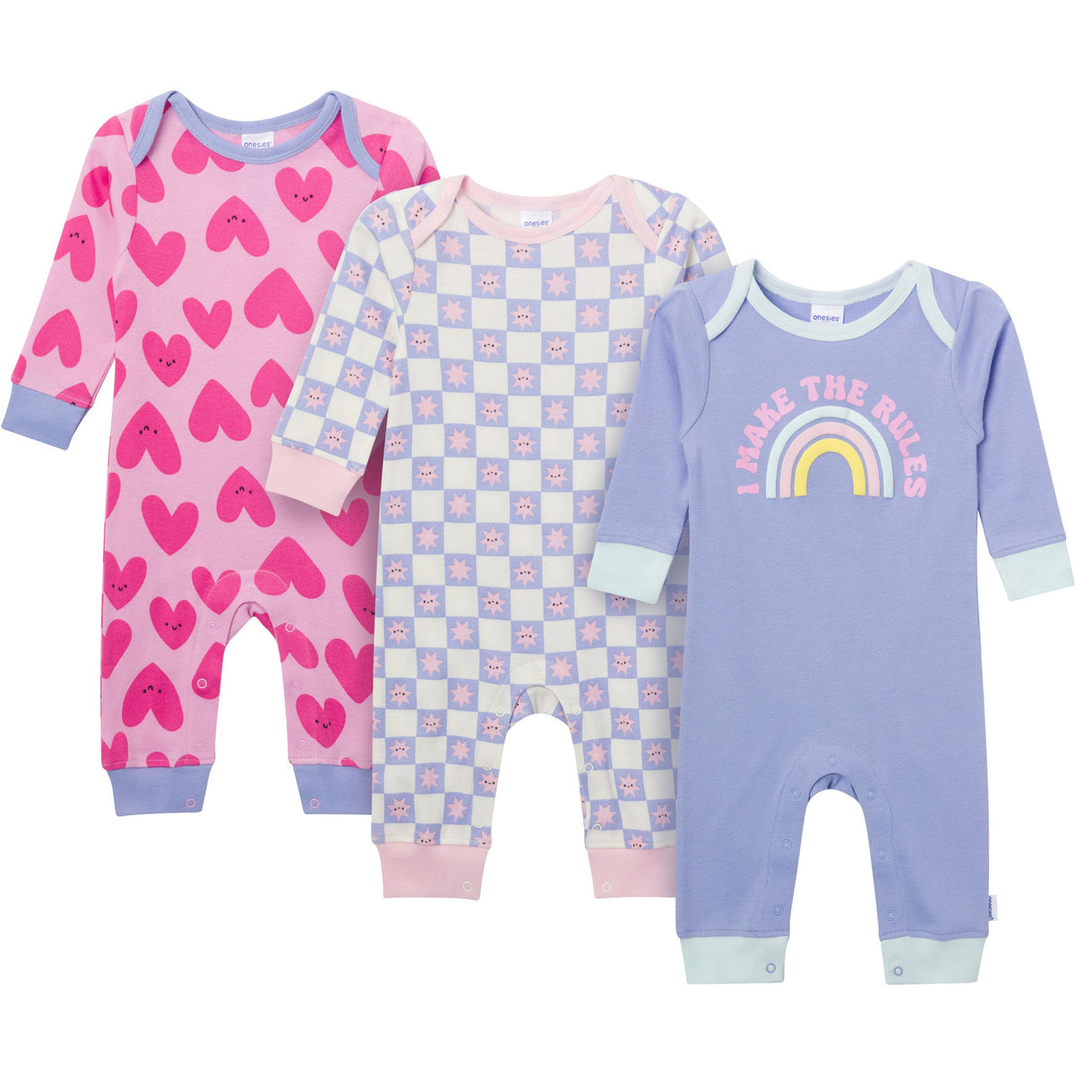 3-Pack Baby Girls Rainbow Rules Lap Shoulder Footless Pajamas