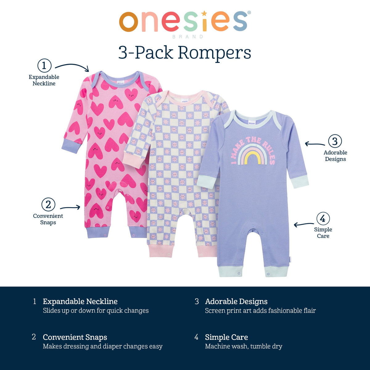 3-Pack Baby Girls Rainbow Rules Lap Shoulder Footless Pajamas, view 16