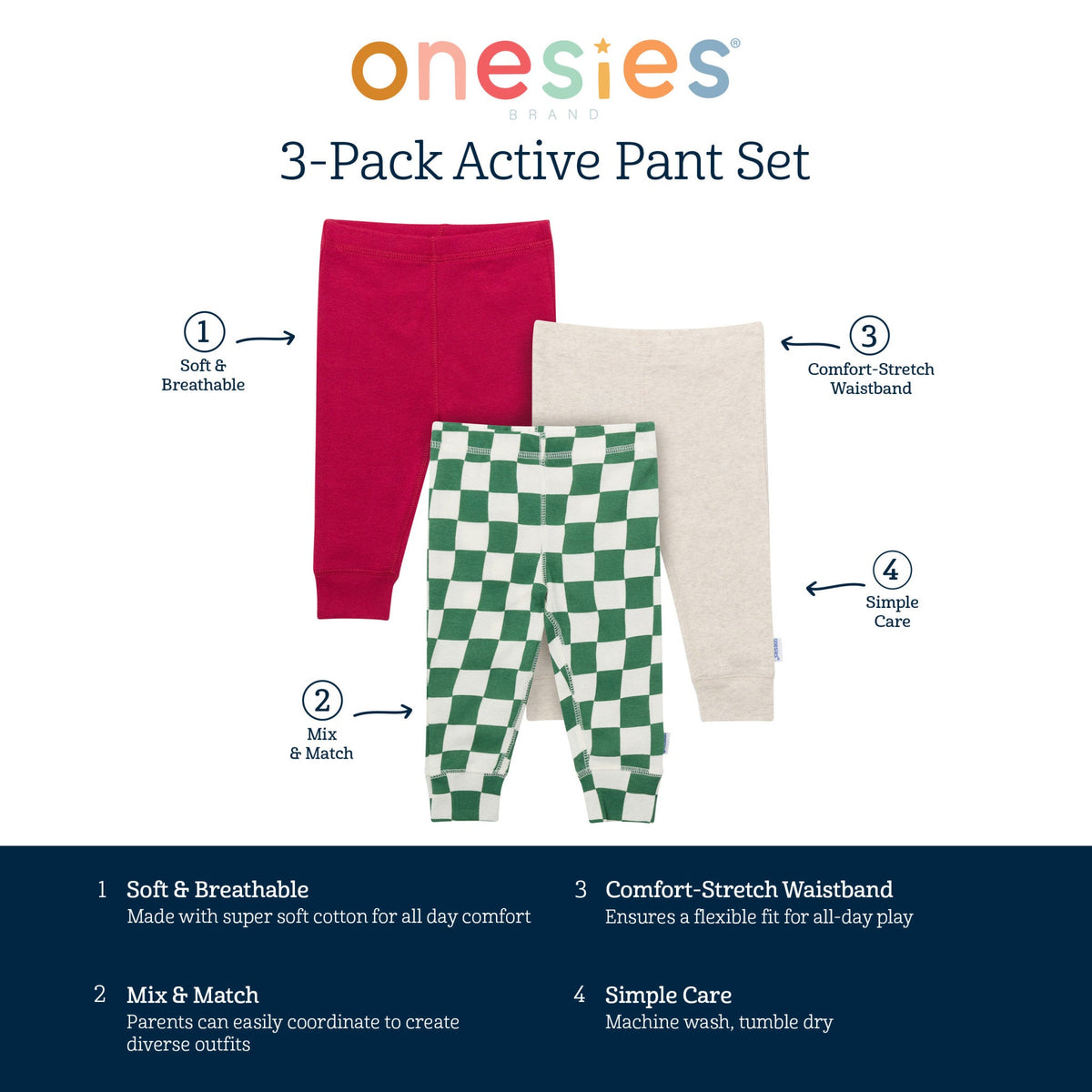 3-Pack Baby Neutral Green Checkers Active Pants, view 7