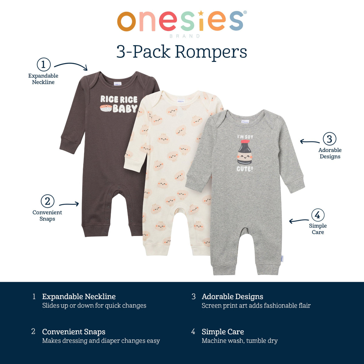 3-Pack Baby Neutral Soy Cute Lap Shoulder Footless Pajamas, view 8