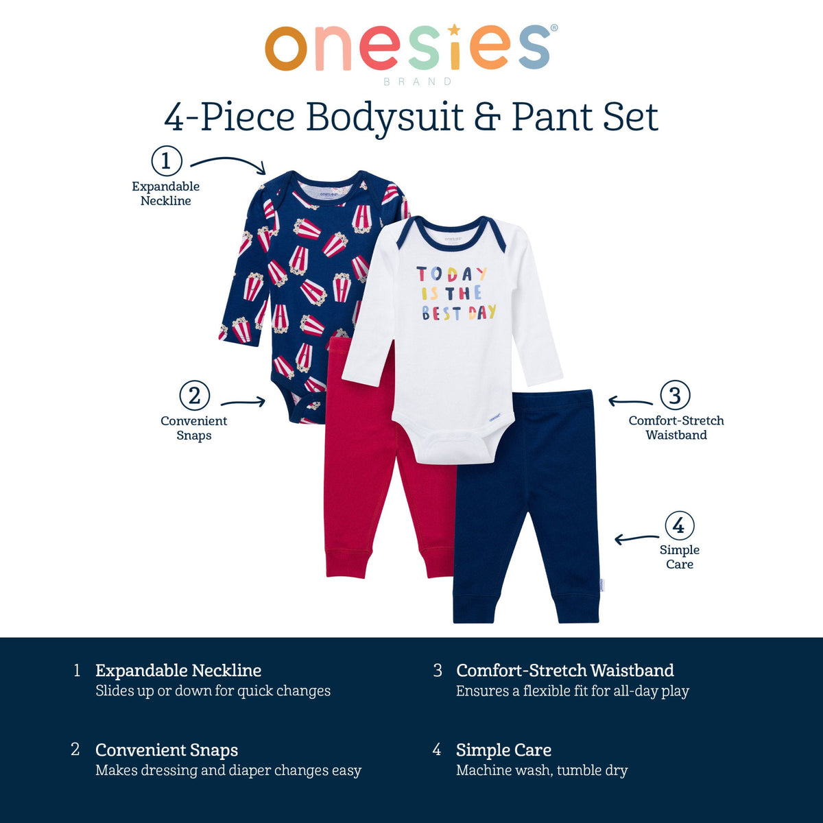 4-Piece Baby Boys Popcorn Day Onesies Bodysuits and Pants, view 13