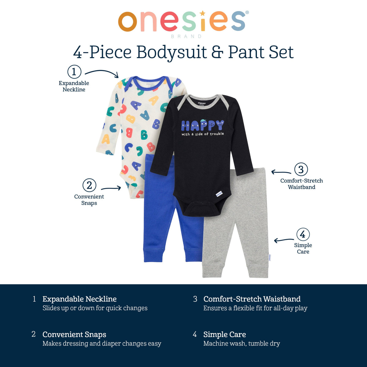 4-Piece Baby Boys Happy Letters Onesies Bodysuits and Pants, view 8