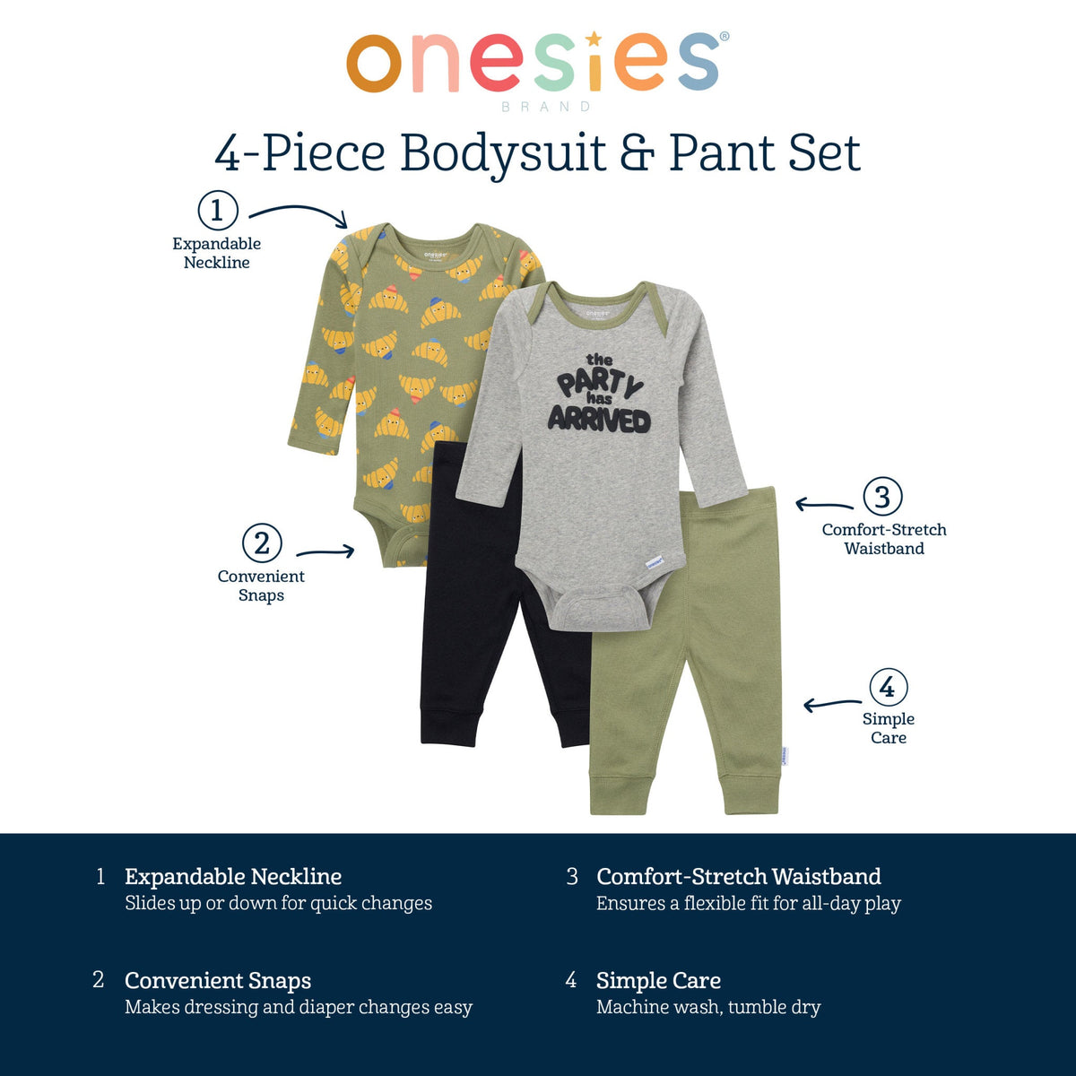 4-Piece Baby Boys Croissants Onesies Bodysuits and Pants, view 8