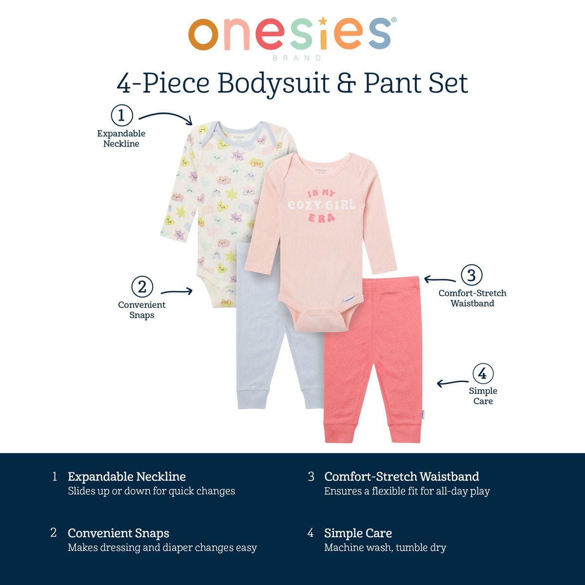 4-Piece Baby Girls Cozy Girl Onesies Bodysuits and Pants, view 8