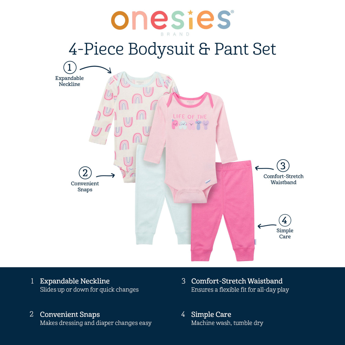 4-Piece Baby Girls Party Onesies Bodysuits and Pants, view 12
