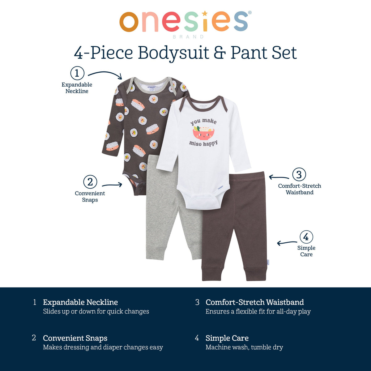 4-Piece Baby Neutral Miso Onesies Bodysuits and Pants, view 12